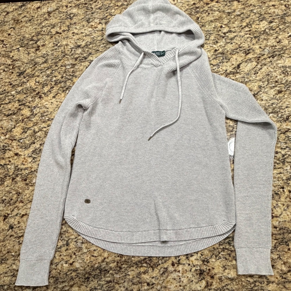 Lauren Ralph Lauren Womens Gray Waffle Knit Hoodie Sweater RLL Logo Medium